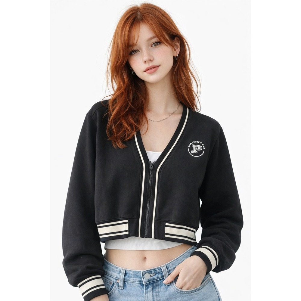 Pink Sports Club Black Cropped Zip Up Varsity Jacket Sweatshirt Women Small